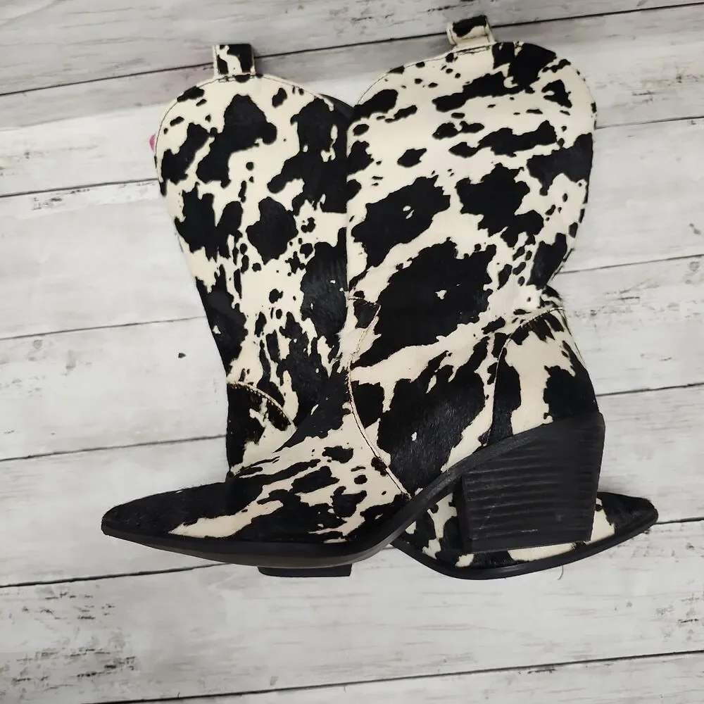 DINGO Live a Little Cow Print Calf Hair Western Boots Women's Size 8 Black/White